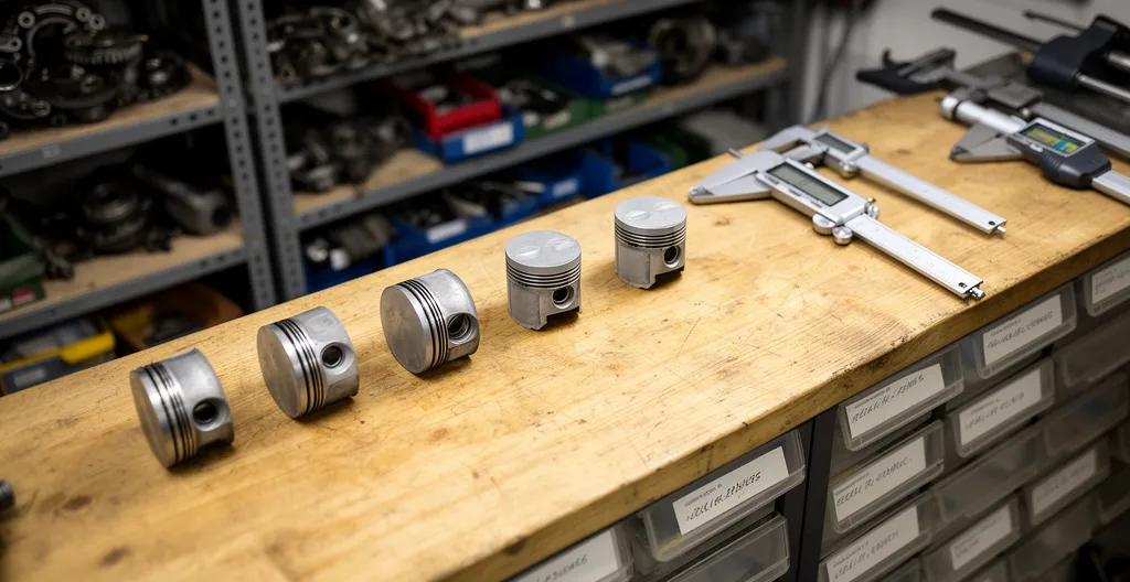 Établi d'atelier avec segments de piston et outils de mesure pour identification pièces mobylette