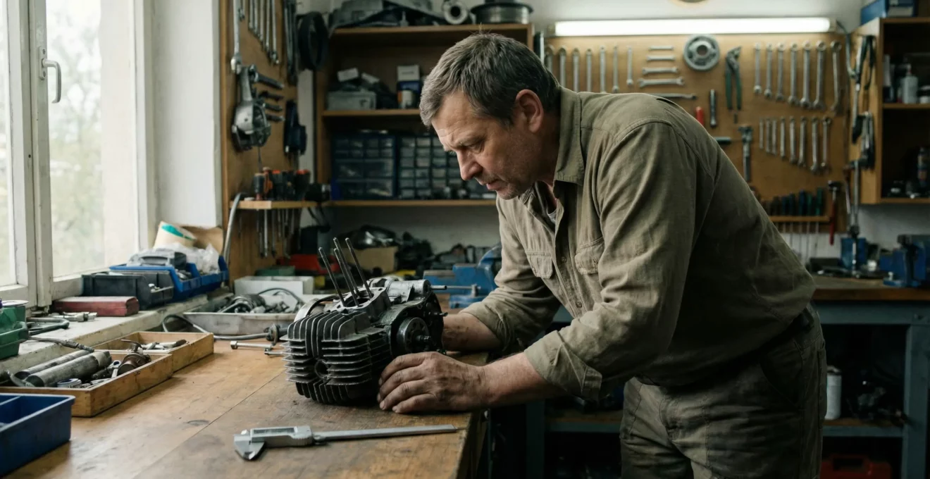 Restaurateur de mobylette examinant un moteur Motobécane démonté dans son atelier