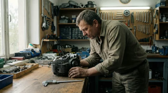 Restaurateur de mobylette examinant un moteur Motobécane démonté dans son atelier