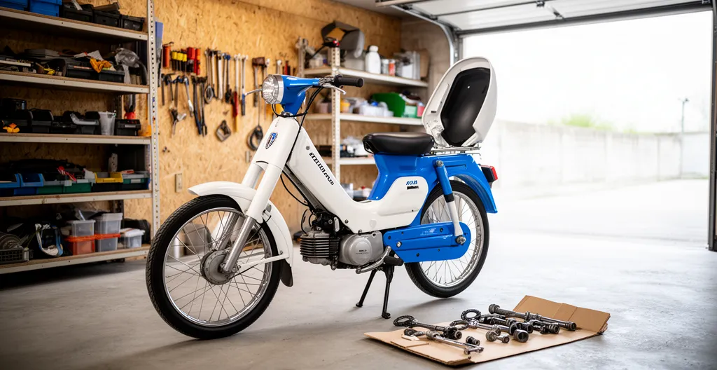 Peugeot 103 SP en cours de restauration avec capot moteur ouvert dans un garage amateur